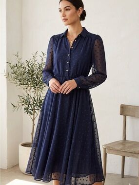 Vintage Japan Navy Polka Dot Sheer Sleeve Midi Dress S/M